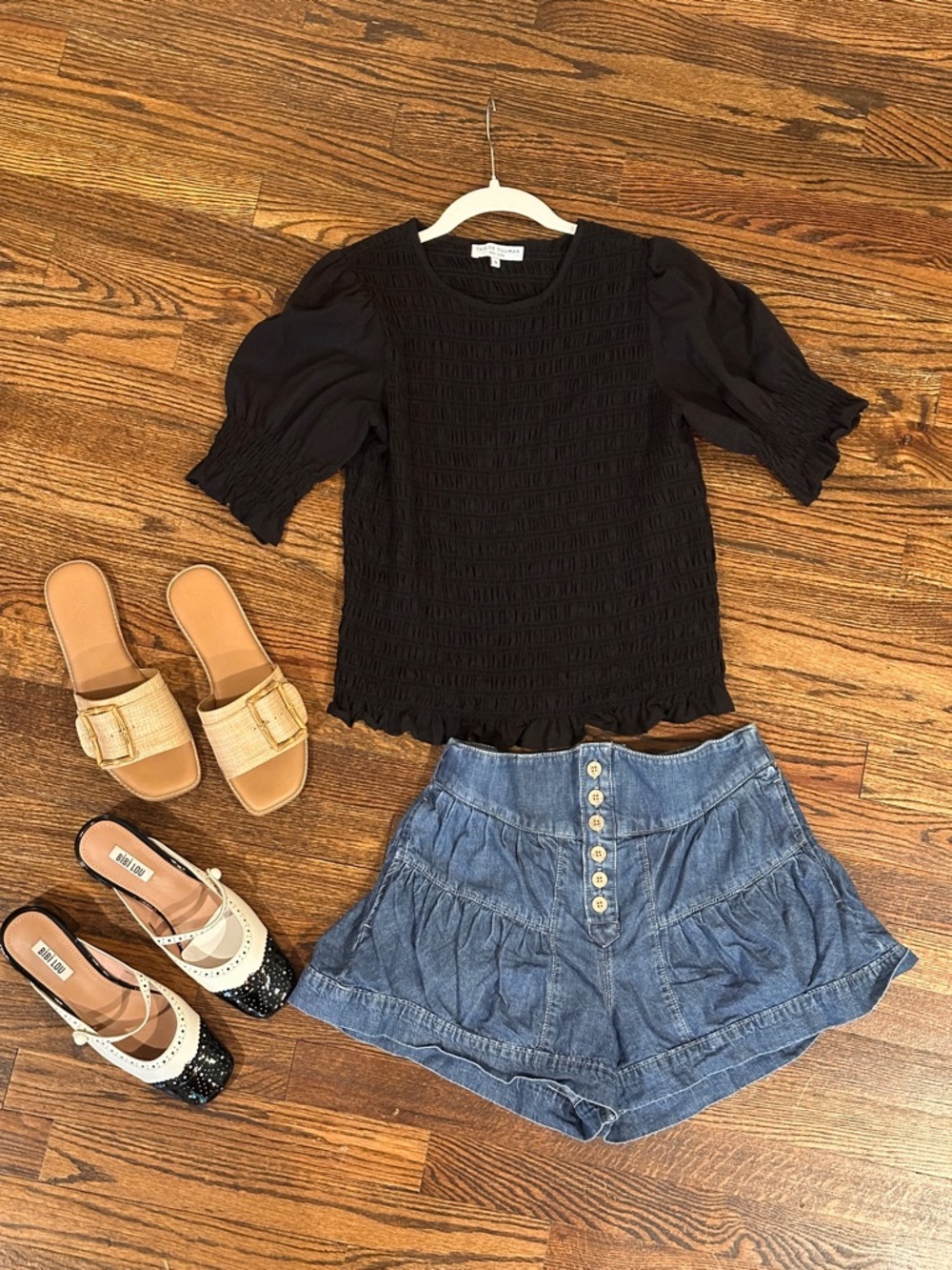 Black Smocked Puff Sleeve Top